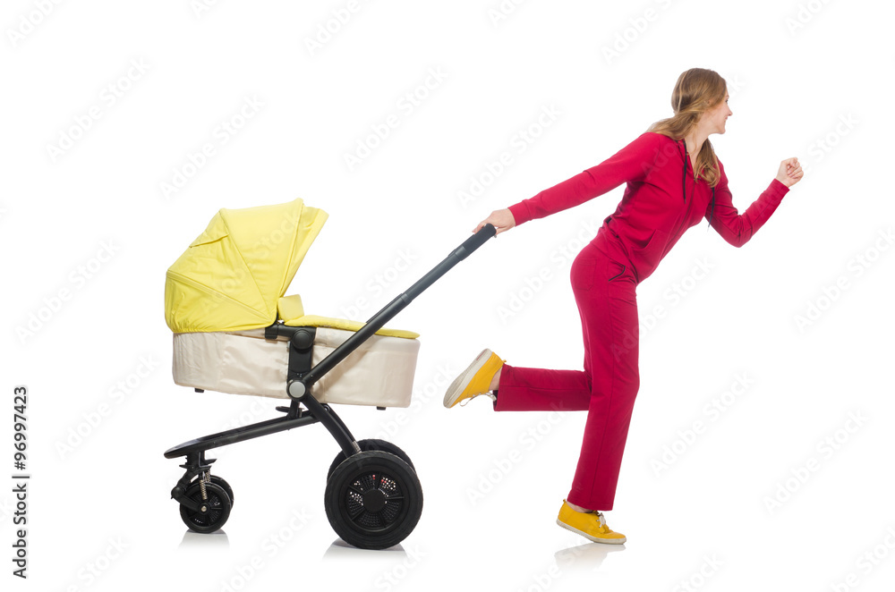 Woman with pram isolated on white Woman with pram isolated on white