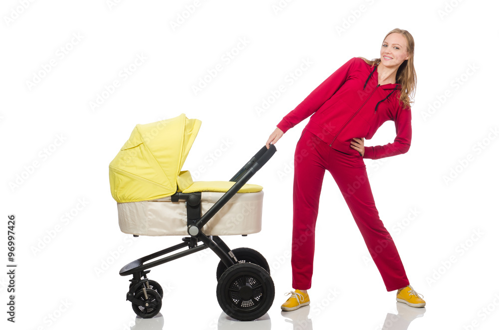 Woman with pram isolated on white Woman with pram isolated on white