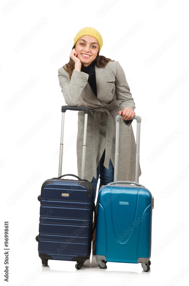 Woman with suitcase ready for winter vacation Woman with suitcase ready for winter vacation
