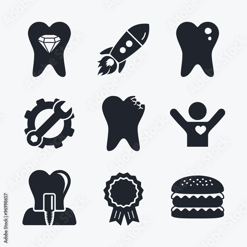 Dental care icons. Caries tooth and implant.