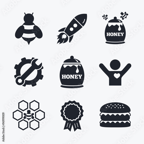 Honey icon. Honeycomb cells with bees symbol.