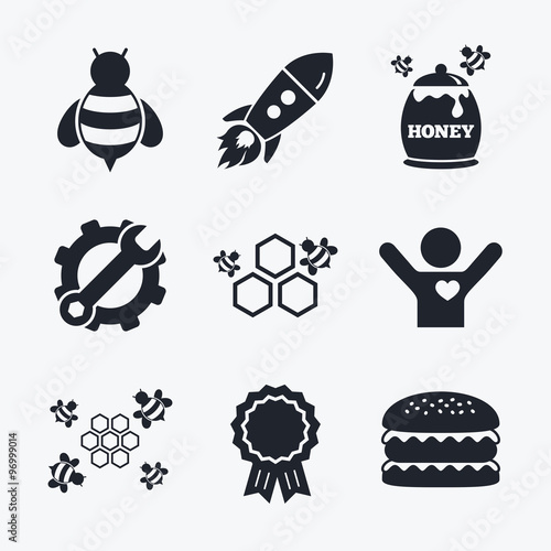 Honey icon. Honeycomb cells with bees symbol.