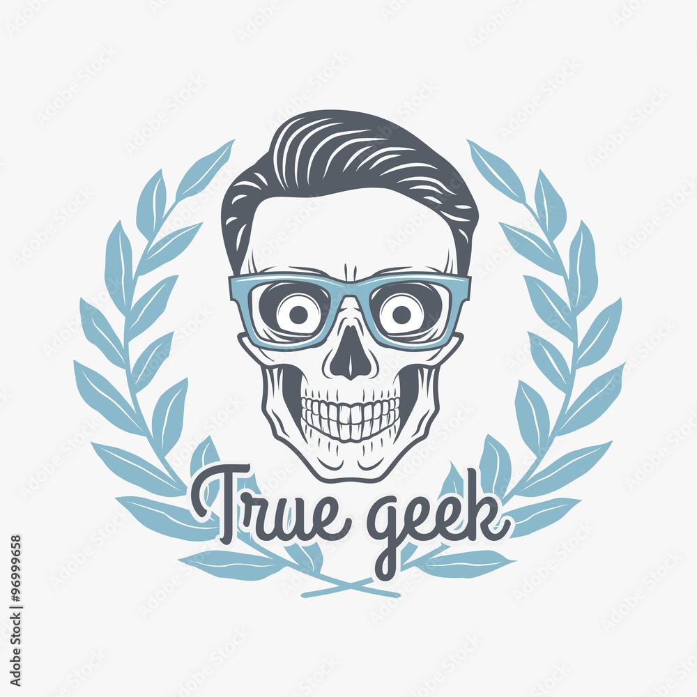 True geek skull vector with hipster glasses and laurel leafs. Crazy deadman  insignia template. Smiling skeleton badge design. Jolly student label Stock  Vector | Adobe Stock