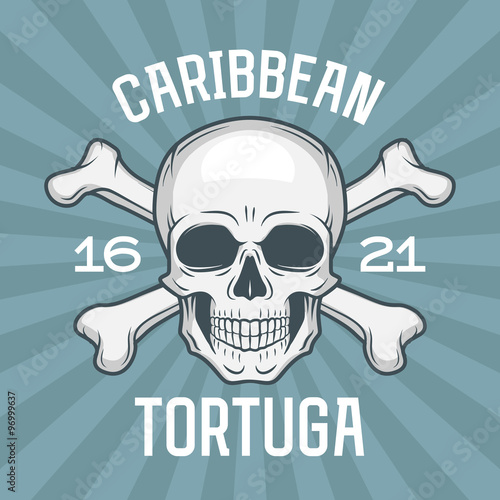 Pirate insignia concept. Caribbean tortuga island vector t-shirt design blue background. Jolly Roger with crossbones logo template. Poison icon illustration