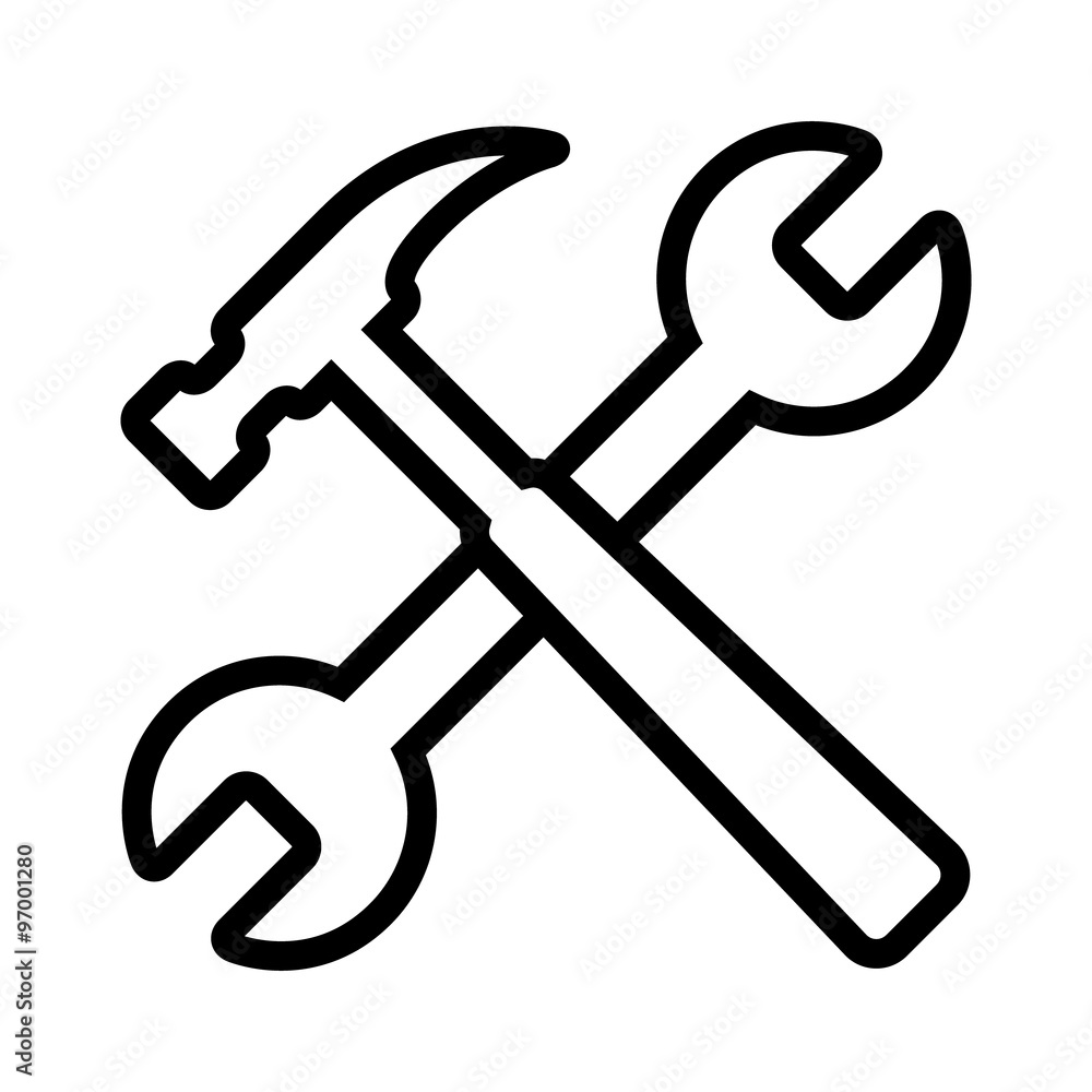 Hammer and wrench repair tools line art icon for apps Stock Vector