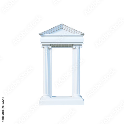 Antique marble temple front with ionic columns isolated on white
