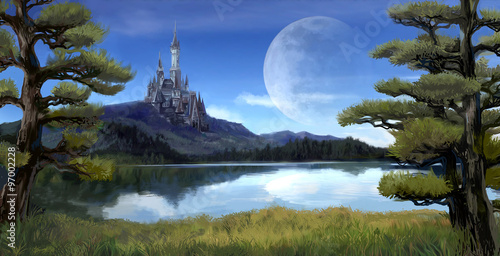 Fantasy riverside lake forest landscape with ancient castle on hill mountain background and blue sky with giant moon scene with fairy tale myth.