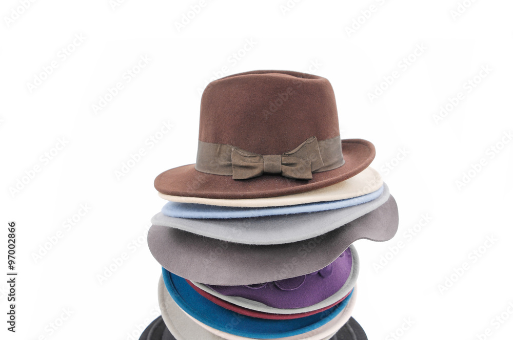 Stacked fedora hat isolated on white