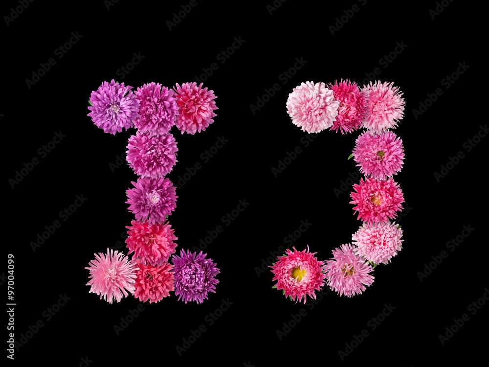 Letter I, J from bright asters on the black Letter I, J from bright asters on the black