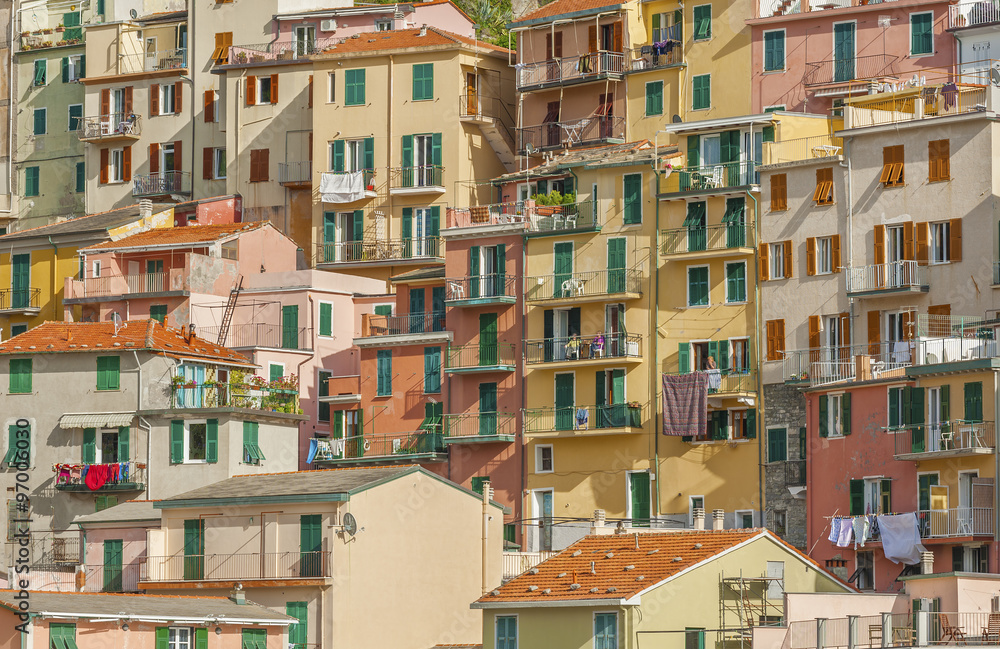 Colorful residential buildings in Riomaggiore, Cinque Terre, Liguria, Italy