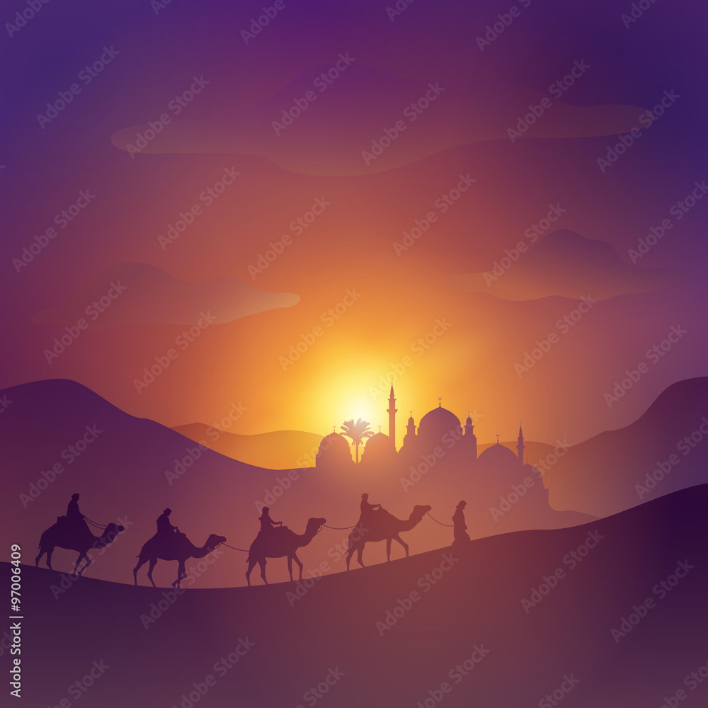 Desert arabic landscape illustration with mosque arabian and camel for islamic banner background