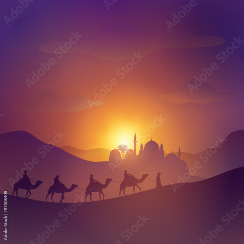 Desert arabic landscape illustration with mosque arabian and camel for islamic banner background