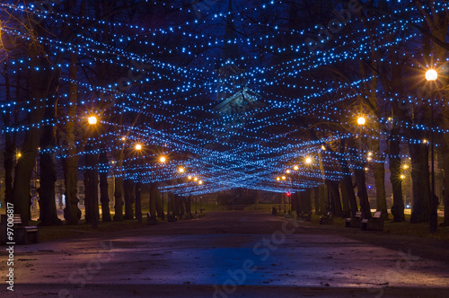 City boulevard decorated with New Year and Christmas illumination