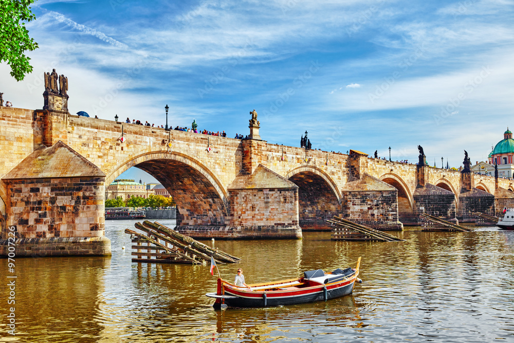 Charles Bridge from the quay of the Vltava River.Czech Republic.