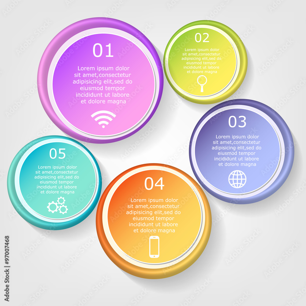 Colorful infographics template with 5 steps, 5 options. For infographic, banner, poster, web design, brochure, presentation. Vector illustration Colorful infographics template with 5 steps, 5 options. For infographic, banner, poster, web design, brochure, presentation. Vector illustration