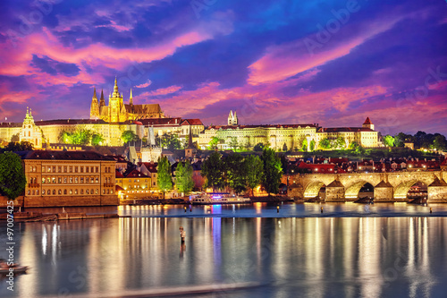 View of Prague Castle and Charles Bridge-famous historic bridge