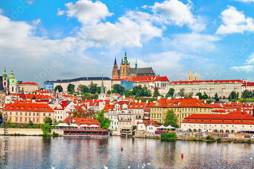 Photography View of Prague Castle from waterfront- famous historic bridge th