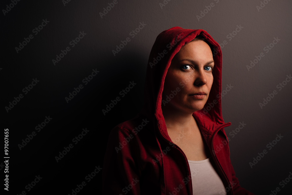 Beautiful red hooded young adult woman portrait Beautiful red hooded young adult woman portrait