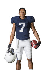 Portrait of a strong muscular American Football Player isolated on white
