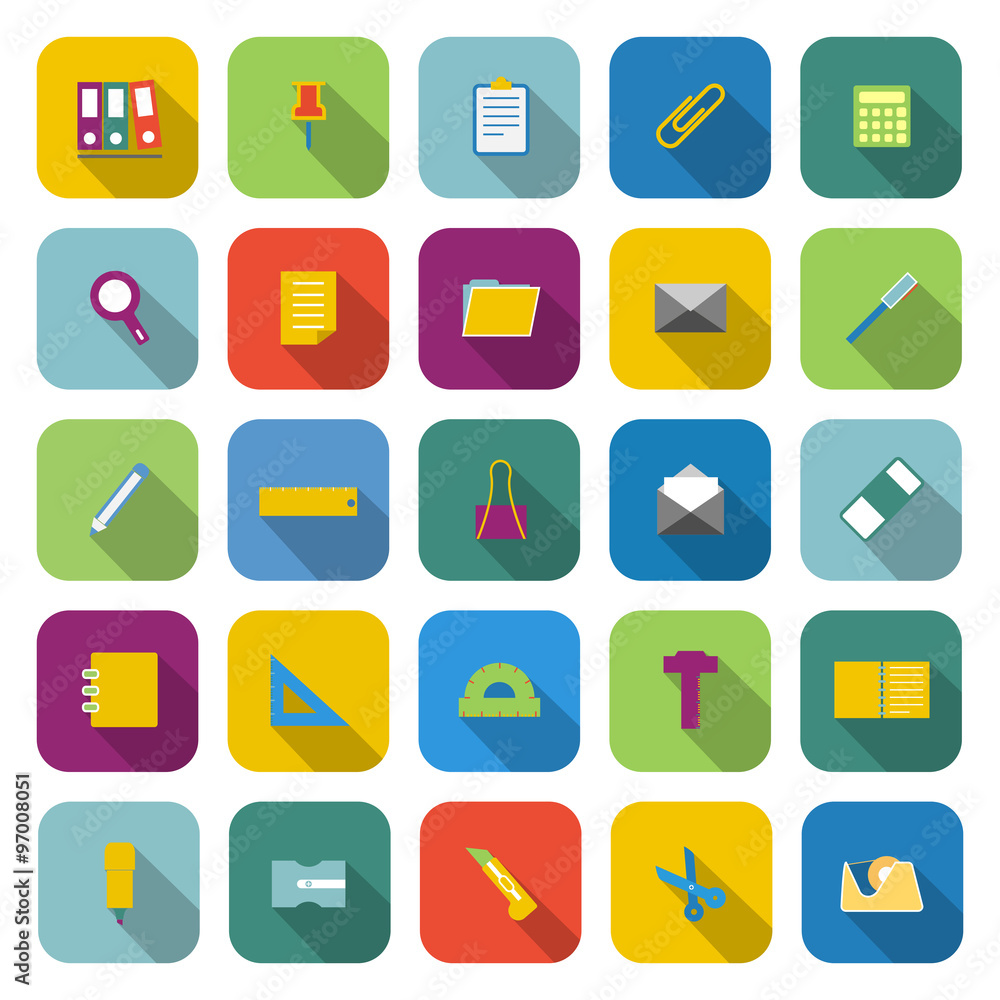 Stationery color icons with long shadow Stationery color icons with long shadow
