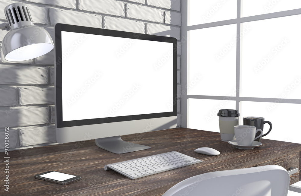 Fototapeta premium 3D illustration PC screen on table in office, Workspace