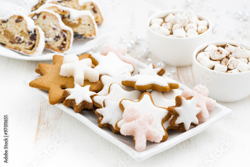 assortment gingerbread cookies, Christmas Stollen and cocoa