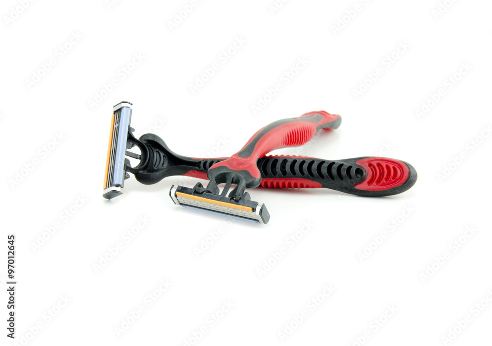 two red and black disposable shaving razor isolated on white background two red and black disposable shaving razor isolated on white background