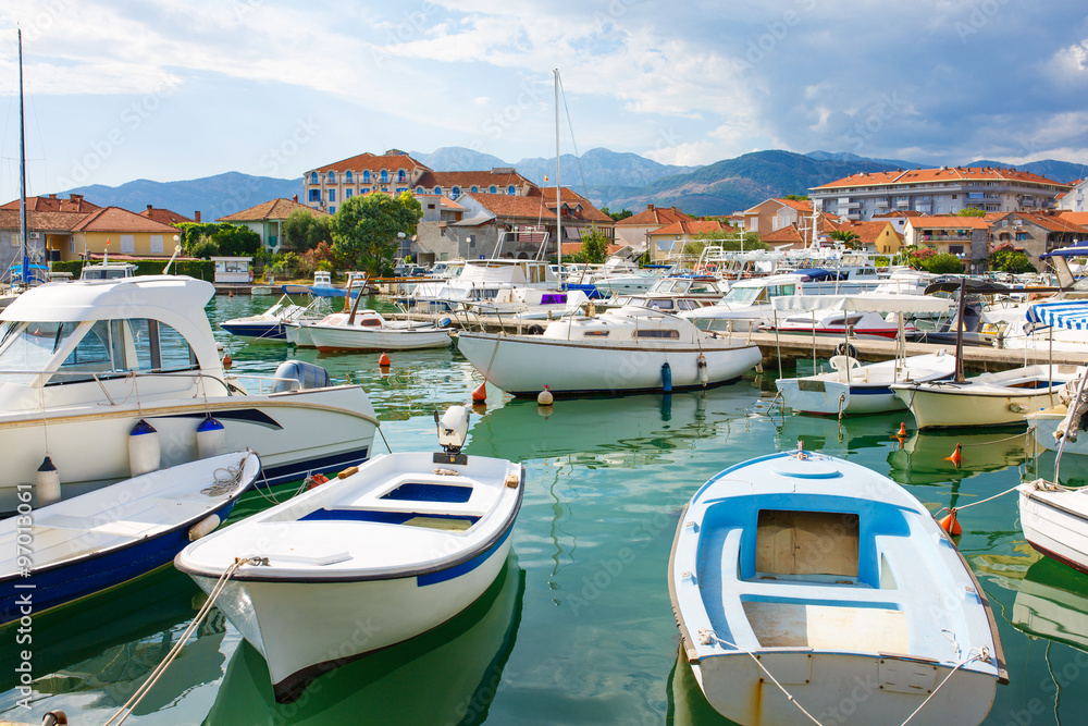 Marina with boats and yachts in Tivat , Montenegro