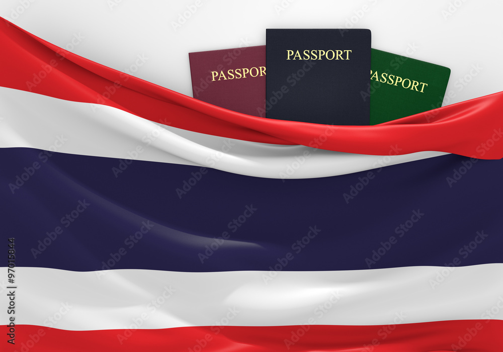 Fototapeta premium Travel and tourism in Thailand, with assorted passports