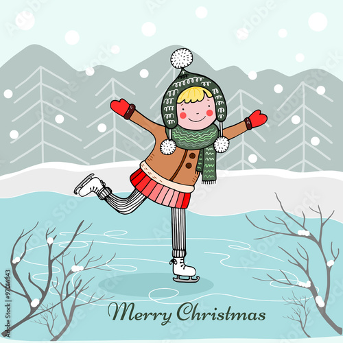 A girl skating on ice, Christmas greeting card,  vector illustration