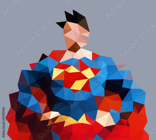 Low polygon of a superhero. Vector and illustration of a man with a blue and red outfit on a grey background.