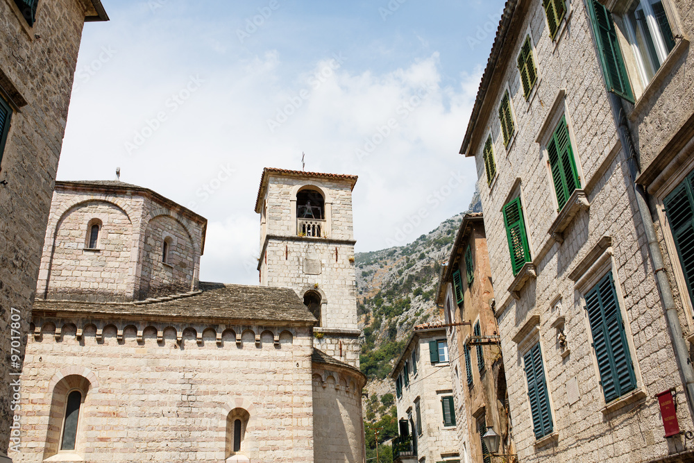 Old stone medieval buildings in old town Kotor Montenegro