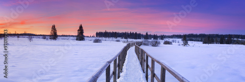 Boardwalk in the Hautes Fagnes, Belgium in winter at sunrise