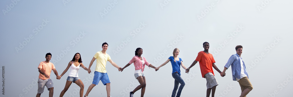 Group Casual People Walking Together Outdoors Concept Group Casual People Walking Together Outdoors Concept