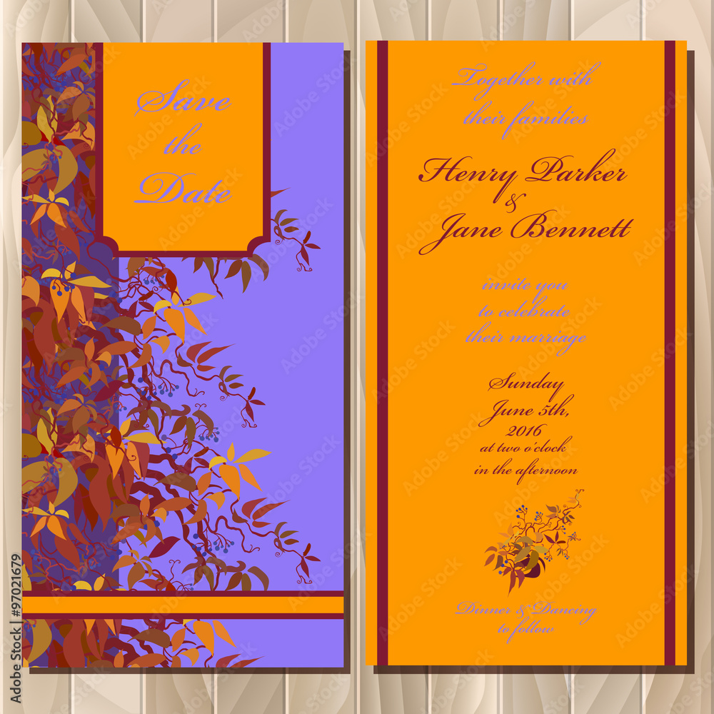 Fototapeta Autumn wild grape wedding invitation card. Printable Vector illustration