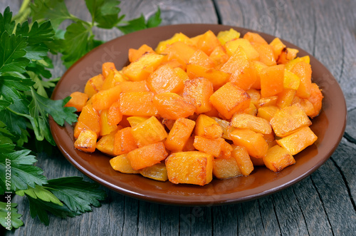 Stewed pumpkin on ceramic plate