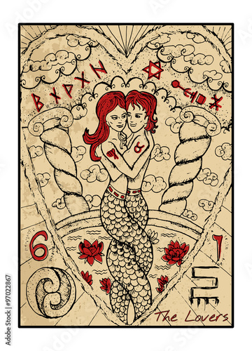 The tarot card in color. The Lovers.