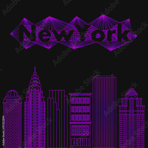 Big city day in a flat style. Buildings famous cities in the form of lines. Poster or banner for an event in the city - New York. Big city in the USA -  New York. 