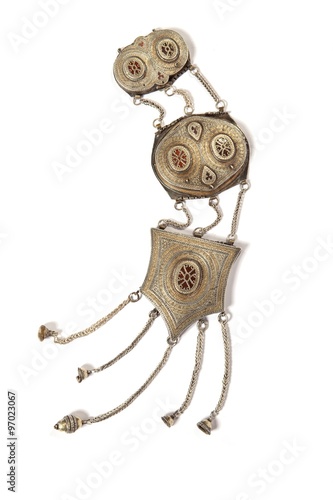Принти на полотні Silver Pendant, Vintage National Silver Jewelry on a White Background, Kazakh Na