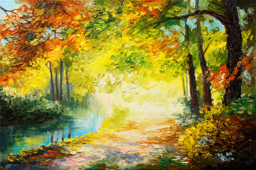 Foto auf Acrylglas Gelb Ölgemälde Landschaft - bunter Herbstwald  © Fresh Stock
