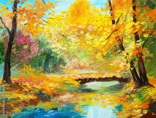 Fototapeta Naklejka Na Ścianę i Meble -  Oil painting landscape - colorful autumn forest, beautiful river