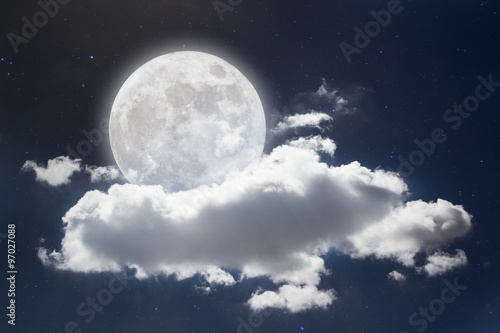 Peaceful background  night sky with full moon  stars  beautiful clouds.  