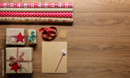 Fototapeta Naklejka Na Ścianę i Meble -  Retro christmas, desk view from above with letter to santa, xmas concept with copy space