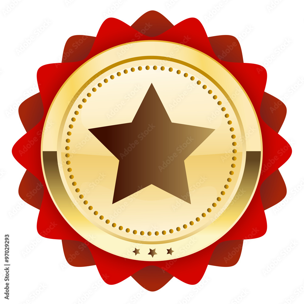 Finest quality seal or icon with star symbol. Glossy golden seal or button with star and red color. Finest quality seal or icon with star symbol. Glossy golden seal or button with star and red color.