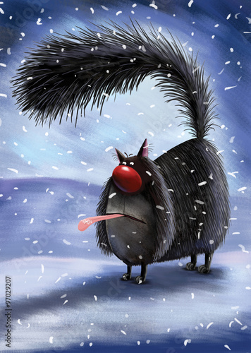 Fototapeta Naklejka Na Ścianę i Meble -  Cat Catching the Snowflakes with Tongue