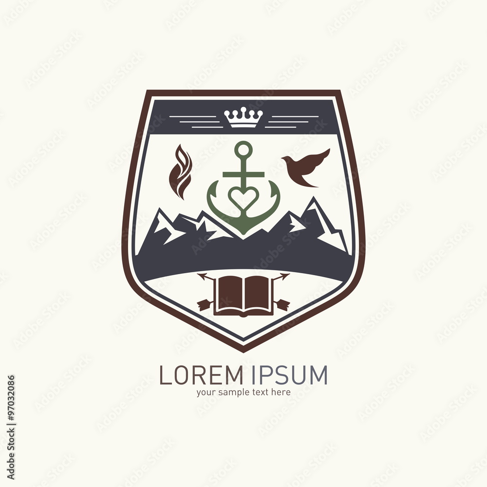 Church logo. Mountains, anchor, dove, cross and flame Church logo. Mountains, anchor, dove, cross and flame