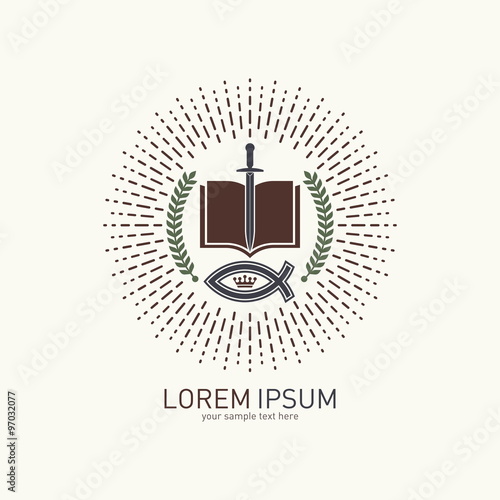 Church logo. Jesus fish, open bible, sword