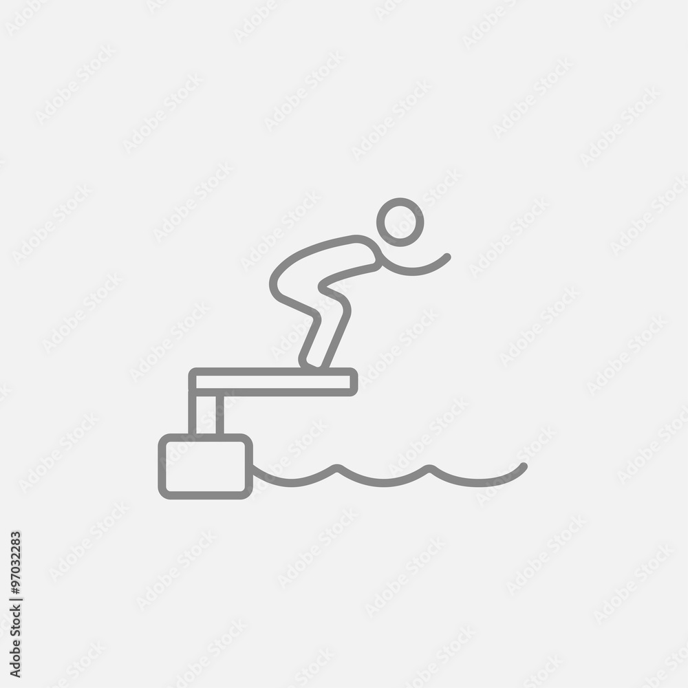 Swimmer jumping from starting block in pool line icon. Swimmer jumping from starting block in pool line icon.