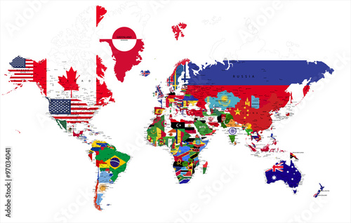 Political world map with country flags.