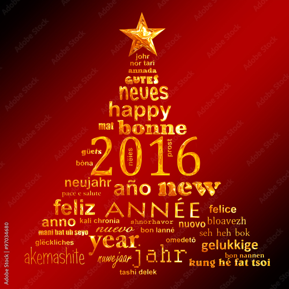 2016 new year multilingual text word cloud greeting card in the shape of a christmas tree